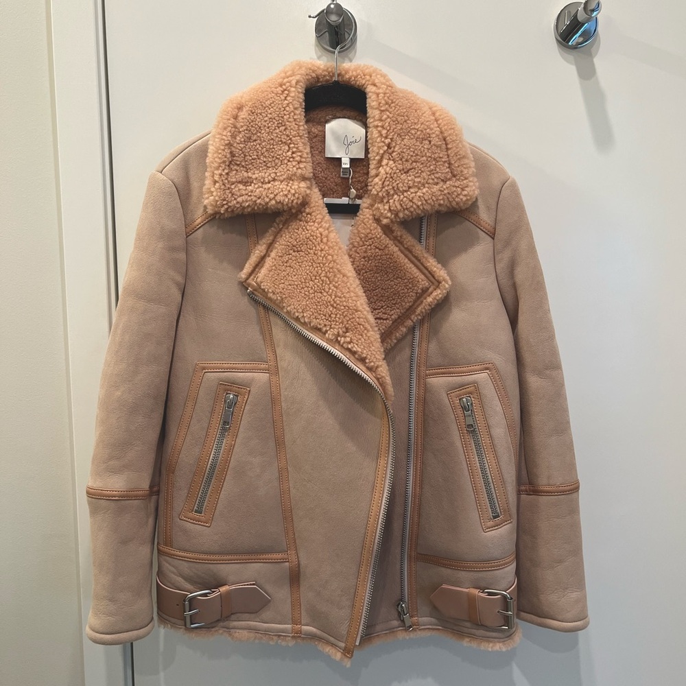 Joie Pink Shearling Sheepskin Lamb Fur Motorcycle Jacket
